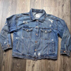 Celebrity Pink Womens Denim Jacket Large Distressed Oversized Boxy 100% Cotton